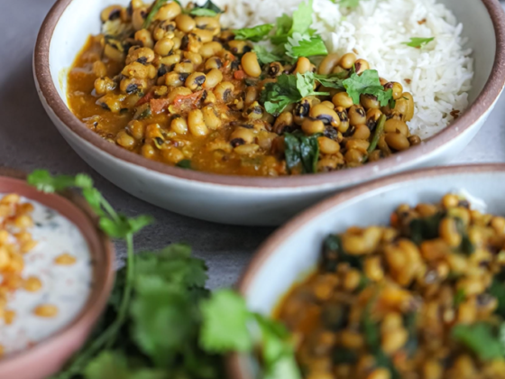 Black-Eyed Peas and Spinach Curry served